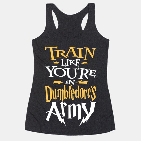 “TRAIN LIKE YOU’RE IN DUMBLEDORE’S ARMY”. Featured on pinkmitten.com #workoutclothes #exerciseclothes #dumbledore #harrypotter